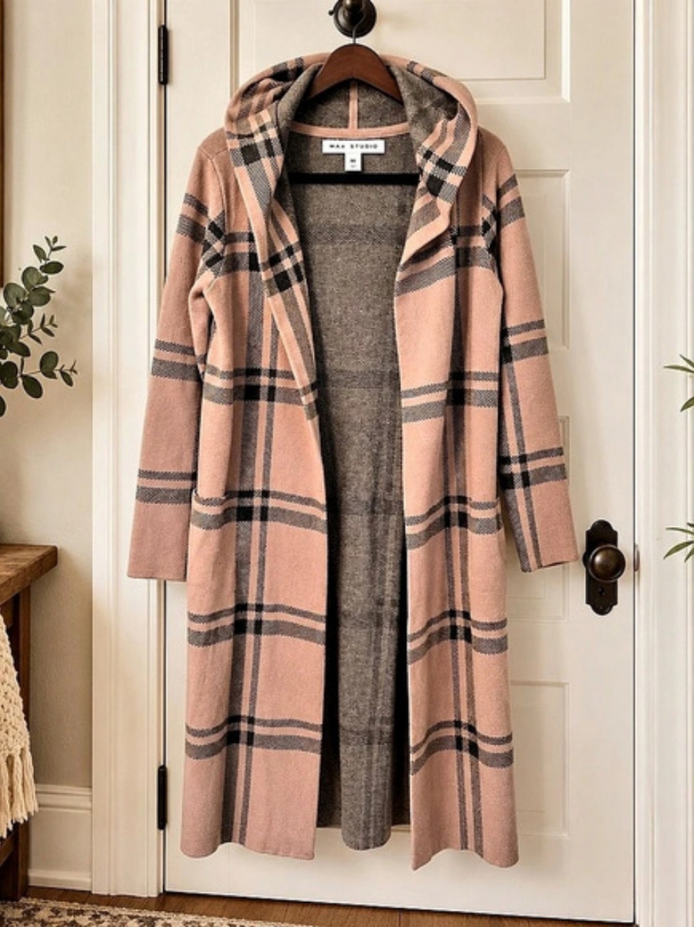 Max Studio Plaid Hooded Longline Duster Cardigan M Tan Taupe